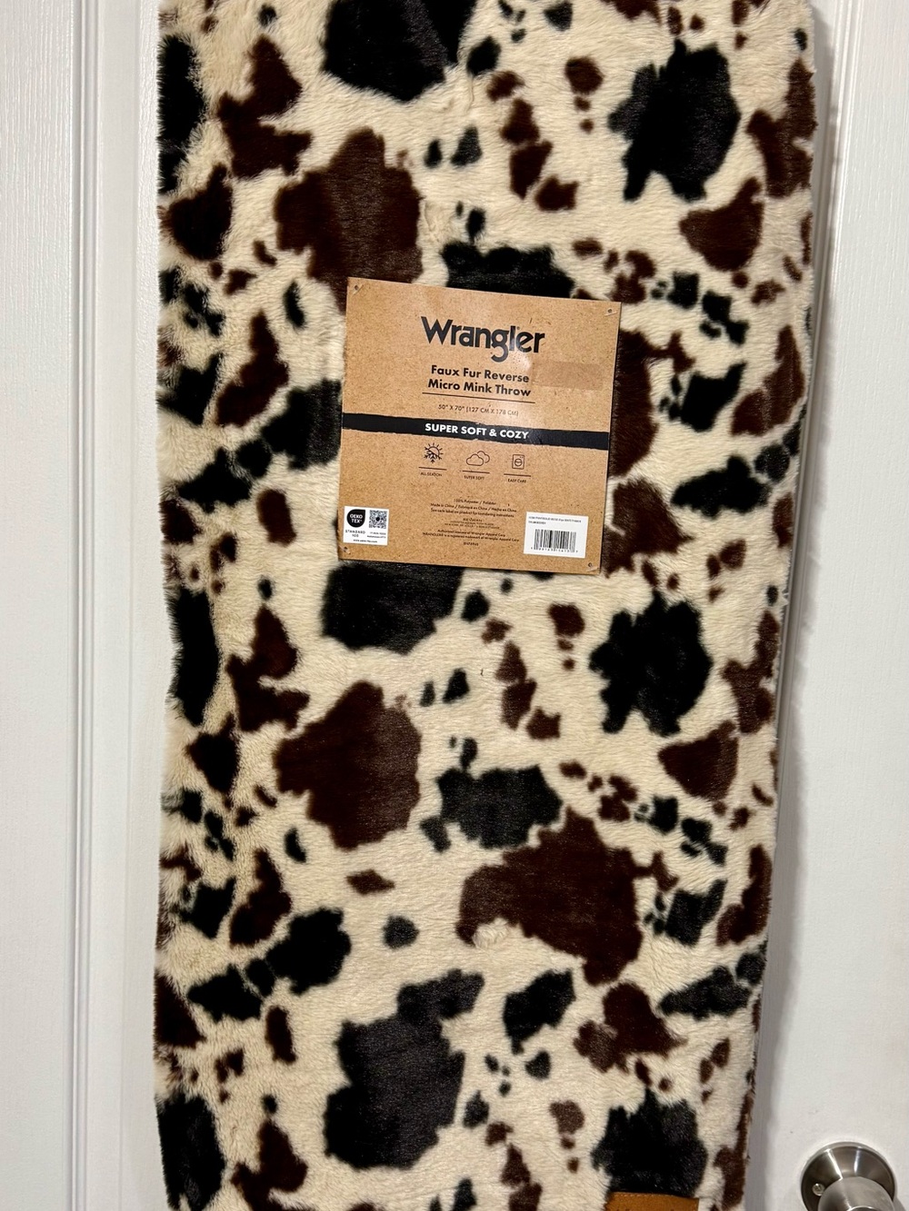 Wrangler Faux Fur Cow-Print Throw Blanket in Cream, Brown & Black